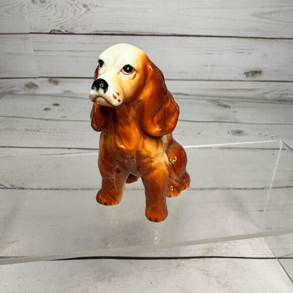 Vintage Ceramic Cocker Spaniel Dog Figurine Brown White Glazed 5" Collectible - Picture 2 of 9